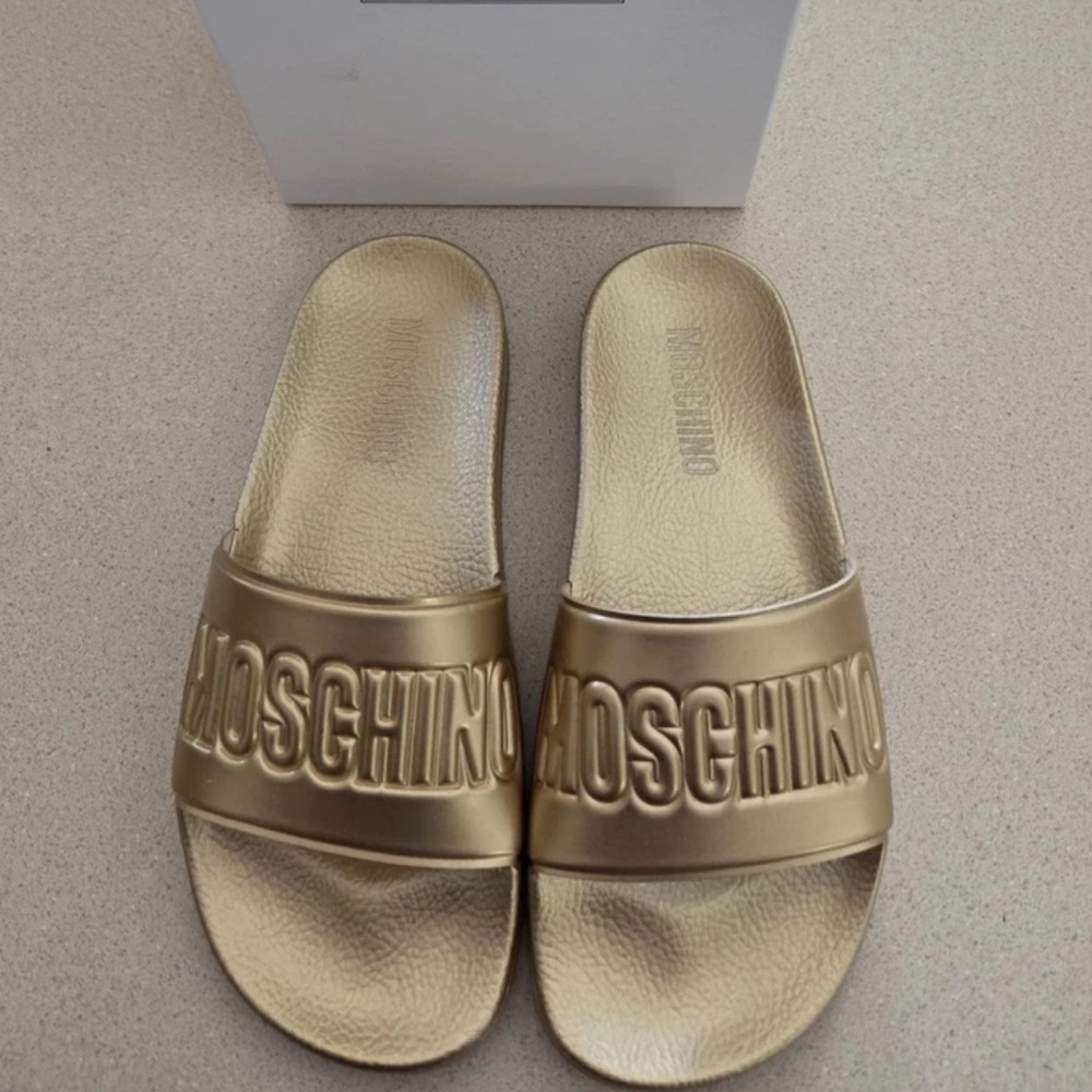 Moschino Metallic Gold Slides